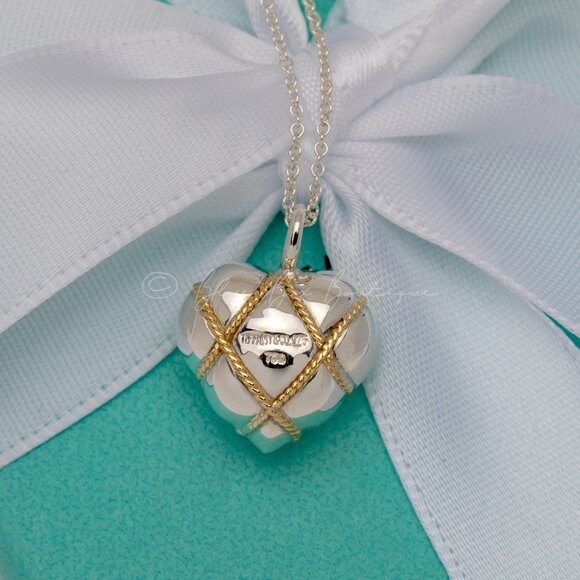 *RARE* Tiffany & Co. Vintage "Quilt Heart" Necklace Puffed 18k Gold Rope Pendant - Picture 2 of 8